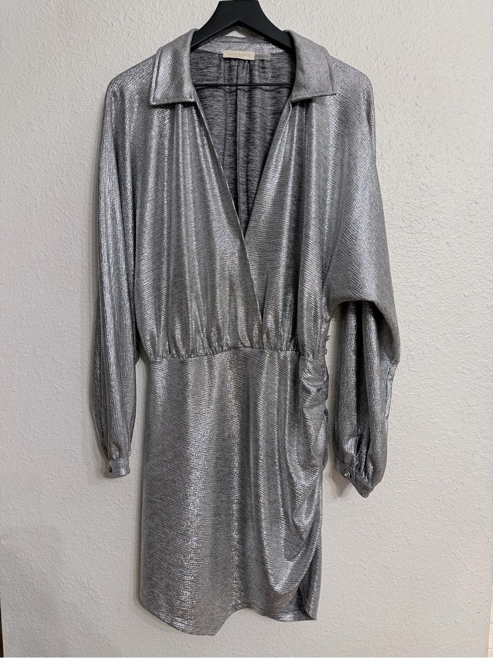Ramy Brook Metallic Silver Wrap-Style Long Sleeve Dress